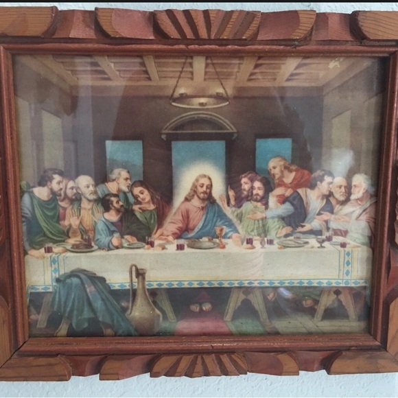 Vintage Hand Carved Wooden Framed Last Supper Art - Picture 1 of 1